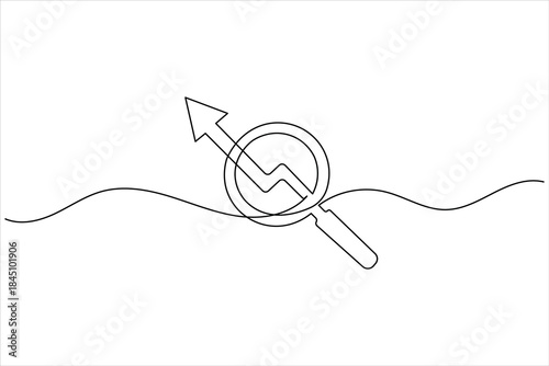 Magnifying glass over wavy graph with upward arrow, signifying market trend analysis