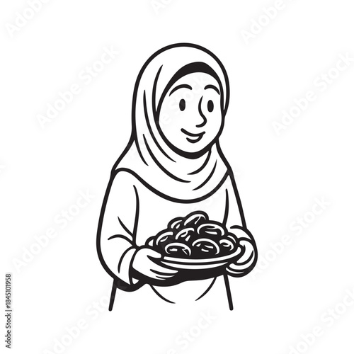 Smiling young woman wearing hijab offers a delicious plate of dates