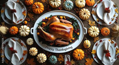 Elegant Thanksgiving Table Setting Overhead – Roasted Turkey Centerpiece with Autumn Pumpkins, Fall Leaves, Decorative Place Settings, and Harvest Celebration Decor in Warm Golden Lighting
