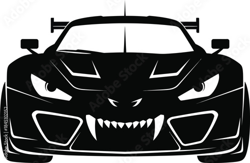 Aggressive black sports car front view silhouette with vampire fangs on grille