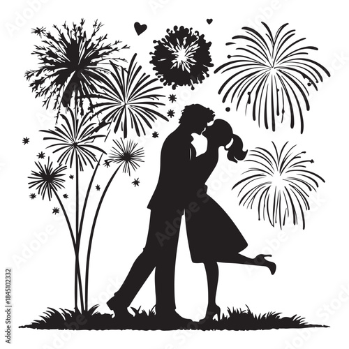 Silhouettes of couple kissing under Silhouette fireworks display romantic celebration event