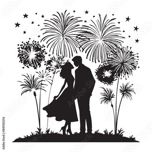 Silhouettes of couple kissing under Silhouette fireworks display romantic celebration event