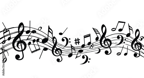 Flowing black and white music border design featuring a dynamic arrangement of musical notes and clefs on a wavy staff.