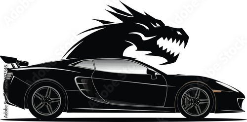 Black sports car silhouette with fierce dragon head graphic illustration