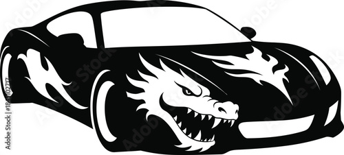 Black and white sports car decal with dragon graphic