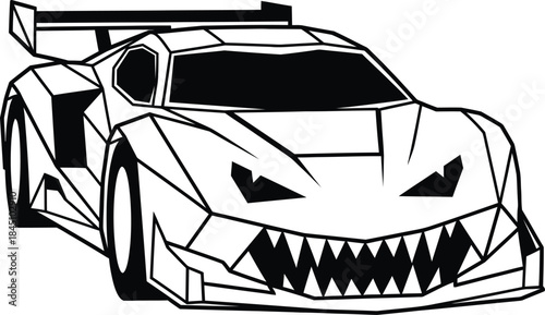 Stylized racing car coloring page with aggressive shark mouth design, black and white outline illustration