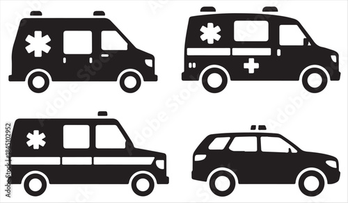 Medical emergency vehicle silhouette set for rescue and healthcare