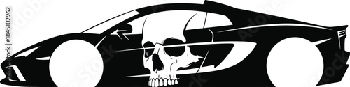 Black and white silhouette of sports car with skull graphic inside, automotive design concept