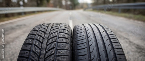 Winter and Summer Tires on Road Surface