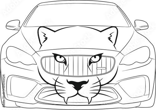 Line art illustration of a modern sports car front view with a stylized jaguar or big cat face integrated into the grille, suitable for coloring book or decal design