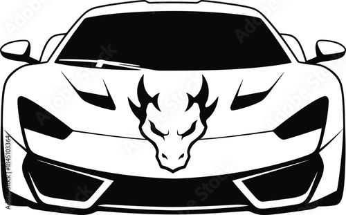 Sports car front view with dragon head decal sticker outline vector graphic