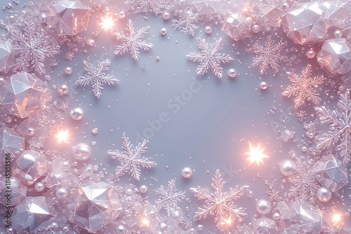 Winter Design Backdrop: Glistening Faceted Crystal Gems, Snowflakes, Luminous Pearls and Soft Glowing Lights on Silvery Background for New Year Invitations Illustration