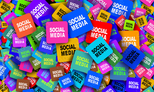 Photos Social Media icon Background as online platforms on a mobile device or smart phone application as digital communities networking sites with a group of diverse communication technology channels