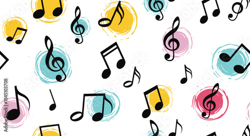 Playful seamless music pattern with black musical notes and treble clefs scattered over colorful watercolor-style circles.