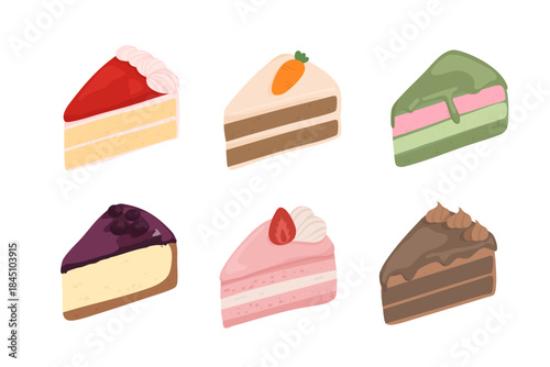 Set of six assorted cake slices illustration cute dessert bakery.
