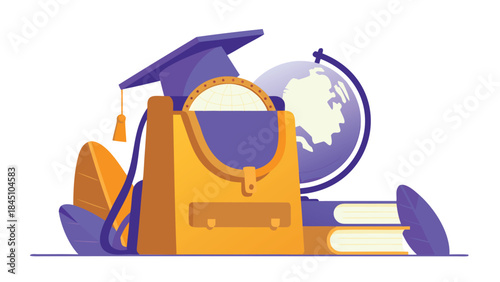 Vibrant illustration of school supplies with graduation cap globe and books on white background for education concepts
