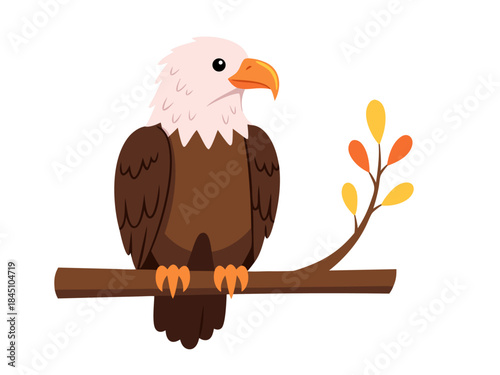 A majestic bald eagle perched on a tree branch with autumn leaves.