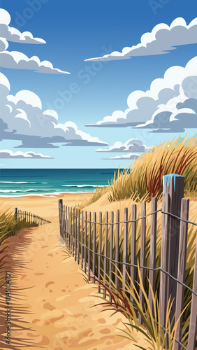 A sandy path leads through dunes with a wooden fence towards a beautiful blue ocean under a cloudy sky.