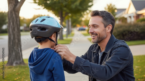 Father helping child put on helmet, safety and family bonding in suburban neighborhood