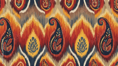 Vibrant Paisley Pattern Textile Design with Ikat Influence.