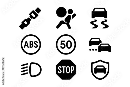 Automobile safety symbols set of black glyph icons