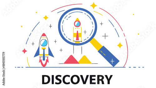Vibrant illustration of a rocket ship under a magnifying glass with colorful geometric shapes and stars, symbolizing discovery and exploration in a futuristic style