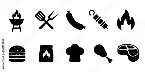 Barbecue and grilling icons featuring cooking tools and foods