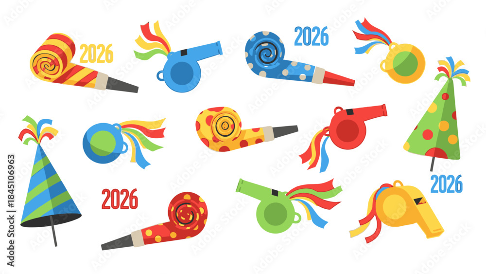 Fototapeta premium Colorful party horns and noisemakers arranged with a party hat and '2026' text on a white background, conveying a happy new year celebration theme.