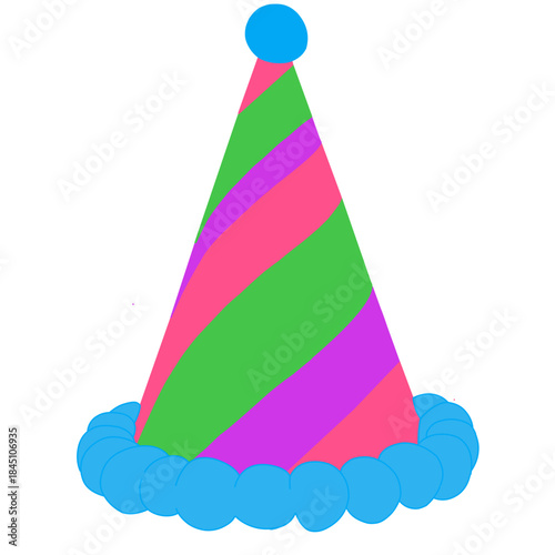 A brightly colored, classic conical party hat. It features diagonal stripes in vibrant pink, green, and purple, and is topped with a solid blue pom-pom