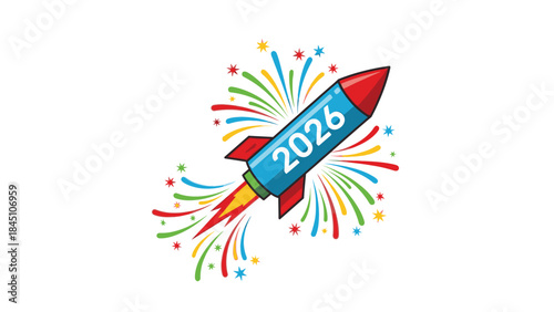Colorful illustration of a rocket with '2026' on it, surrounded by vibrant fireworks on a white background, conveying a happy new year theme with a celebratory mood.