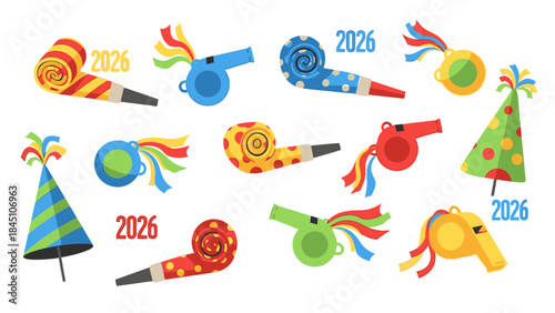 Colorful party horns and noisemakers arranged with a party hat and '2026' text on a white background, conveying a happy new year celebration theme.