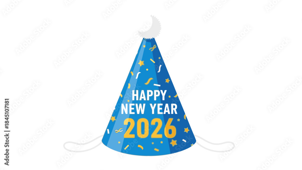Obraz premium A blue Happy New Year 2026 party hat with white and orange confetti against a clean white background.