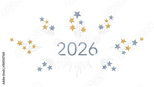 Graphic design of blue and gold stars exploding around the year 2026 on a white background, conveying a happy new year celebration theme with a festive mood.