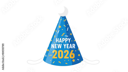 A blue Happy New Year 2026 party hat with white and orange confetti against a clean white background.
