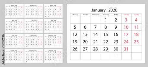 2026 Calendar Grid With All Months Overview For Planning And Scheduling.