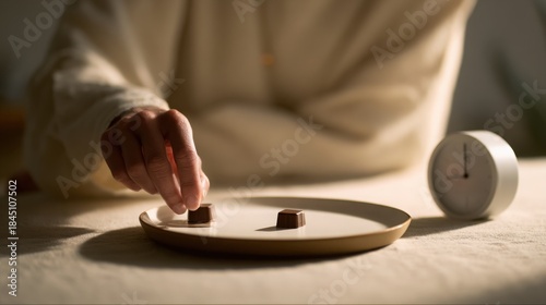 minimalistic calm scene, person looking at chocolate then setting a small timer, soft warm light, neutral background, gentle mood, clean composition