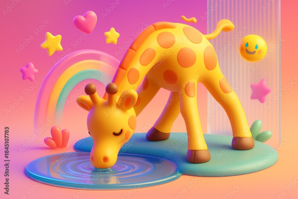 Obraz premium Cute cartoon giraffe drinking water surrounded by colorful stars, rainbow, and heart shapes on vibrant gradient background in playful style. Ai generative