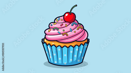 Cartoon cupcake with pink frosting, sprinkles, and a cherry on top.