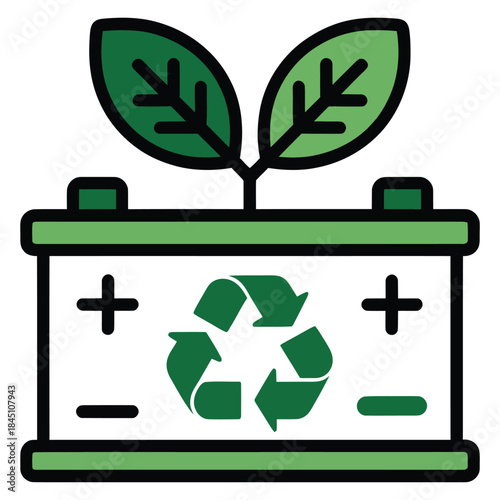 Ecofriendly car battery icon with growing green leaves and recycling symbol representing sustainable energy future
