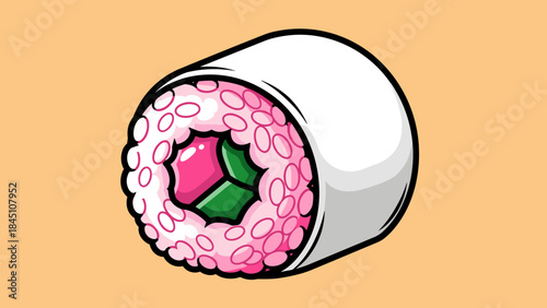 Cartoon sushi roll with pink rice, green seaweed, and a pink filling, wrapped in white rice paper, on a tan background.