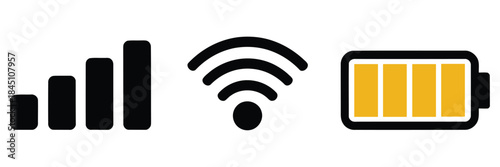Essential digital status icons depicting strong cellular network full wireless internet and completely charged device battery level