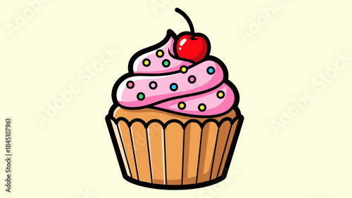 Illustration of a cupcake with pink frosting, sprinkles, and a cherry on top.