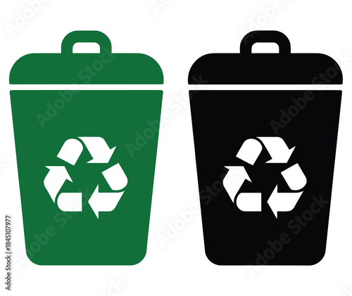 Green and black recycle bin icons with classic arrows symbol representing waste separation concept isolated on transparent background for ecofriendly design