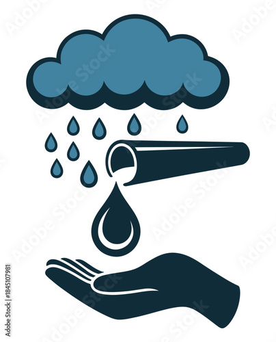Essential water conservation concept showing rain falling from a cloud directed by a pipe into an open human hand