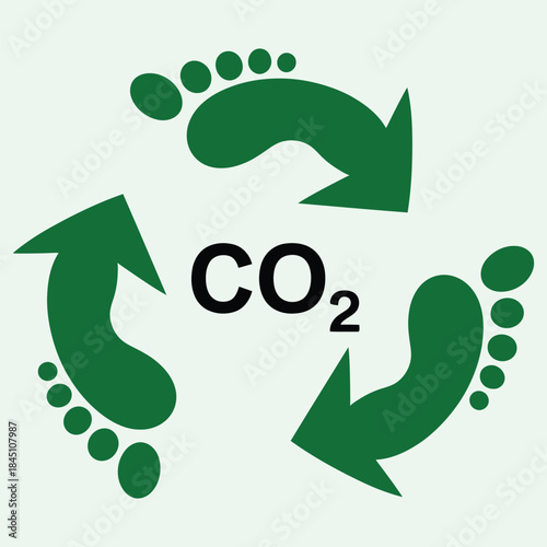 Green carbon footprint CO2 emissions cycle symbol with arrows representing environmental sustainability and reduction impact on the planet