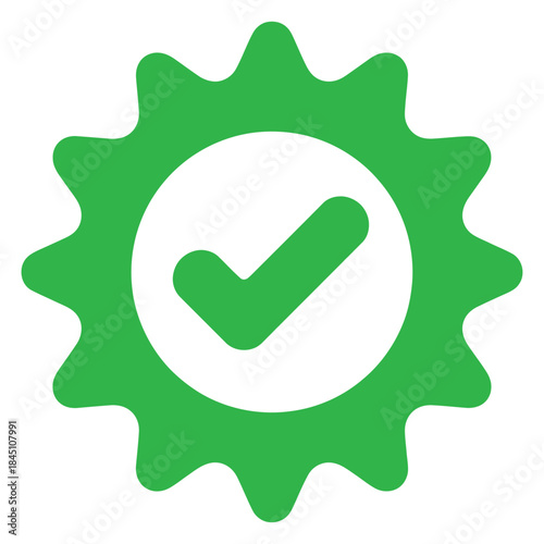 Green checkmark icon within a white circle and a decorative cogwheelshaped badge symbolizing quality and success approval