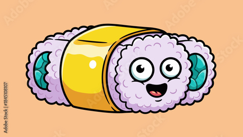 A cartoon sushi roll with a happy face, wrapped in a yellow band, on a peach background.