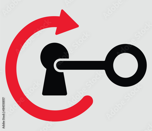 Modern graphic illustration featuring a black key inserted into a keyhole accompanied by a vibrant red curved arrow indicating an unlock mechanism or access solution