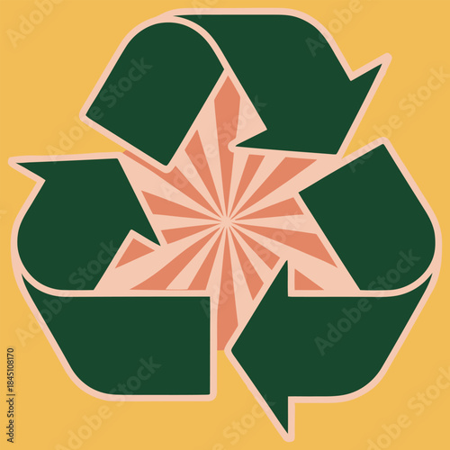 Retroinspired recycling symbol with a central sunburst design advocating for environmental sustainability and ecofriendly practices
