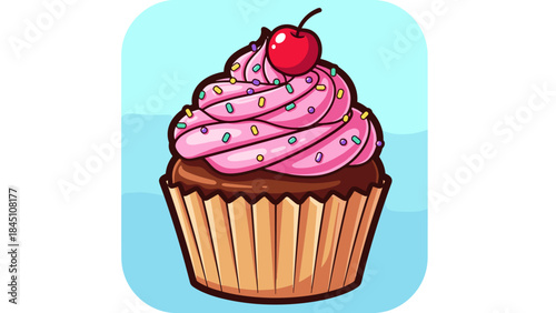 Illustration of a cupcake with pink frosting and a cherry on top, set against a light blue background.